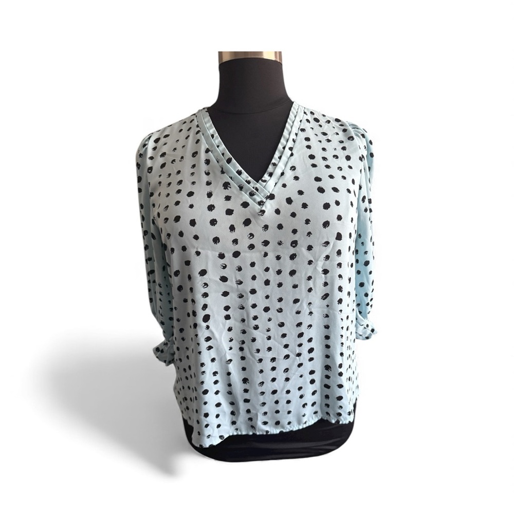 W Worthington Polka Dot V-Neck Blouse - Light Blue and Black 3/4Puff Sleeve P2XL
